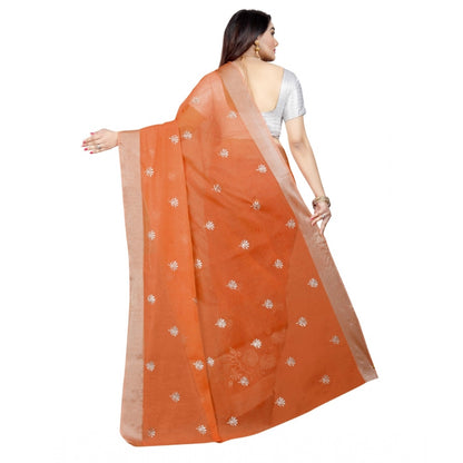 Generic Women's Cotton Silk Embroidered Saree With Unstitched Blouse 5.5Mtr (Orange)