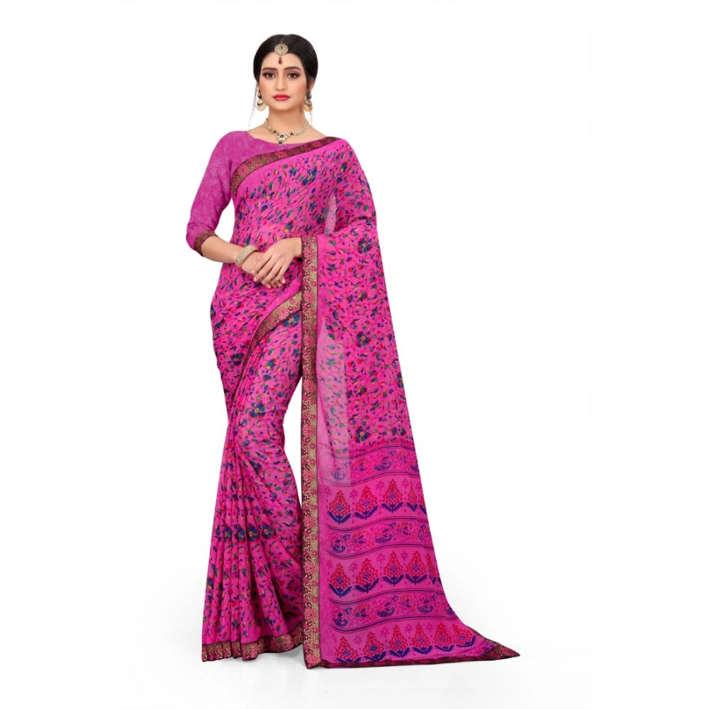 Generic Women's Georgette Floral Print Saree With Unstitched Blouse 5.5Mtr (Pink)