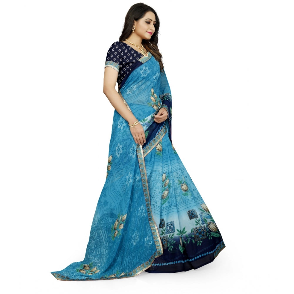 Generic Women's Georgette Floral Print Saree With Unstitched Blouse 5.5Mtr (Light Blue)