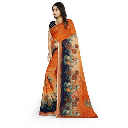 Generic Women's Georgette Floral Print Saree With Unstitched Blouse 5.5Mtr (Blue-Orange)