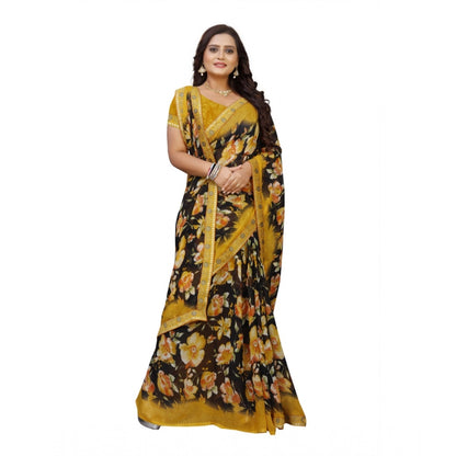 Generic Women's Georgette Floral Print Saree With Unstitched Blouse 5.5Mtr (Black-Mustard)