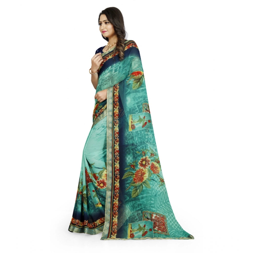 Generic Women's Georgette Floral Print Saree With Unstitched Blouse 5.5Mtr (Light Blue)