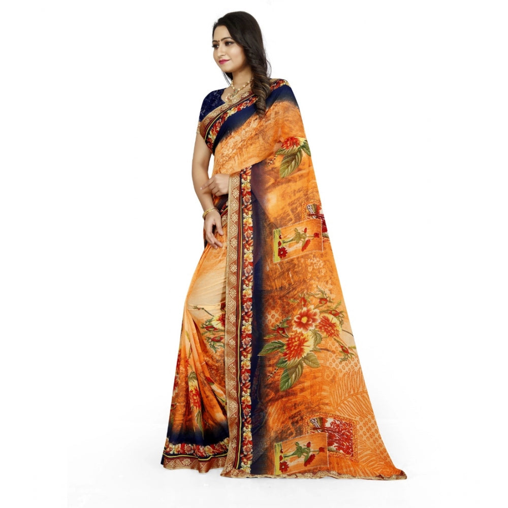 Generic Women's Georgette Floral Print Saree With Unstitched Blouse 5.5Mtr (Blue-Orange)