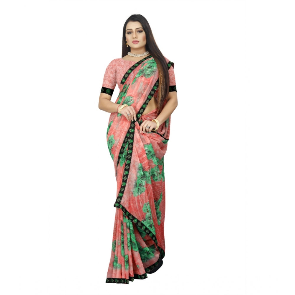 Generic Women's Georgette Floral Print Saree With Unstitched Blouse 5.5Mtr (Pink)