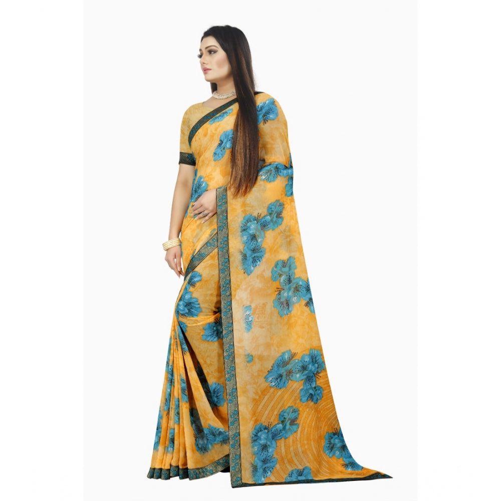 Generic Women's Georgette Floral Print Saree With Unstitched Blouse 5.5Mtr (Blue-Orange)