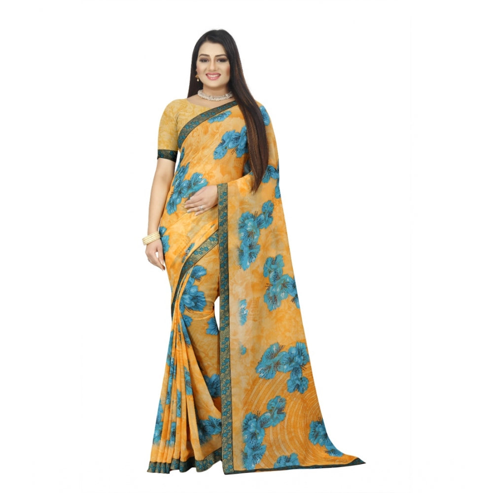 Generic Women's Georgette Floral Print Saree With Unstitched Blouse 5.5Mtr (Blue-Orange)