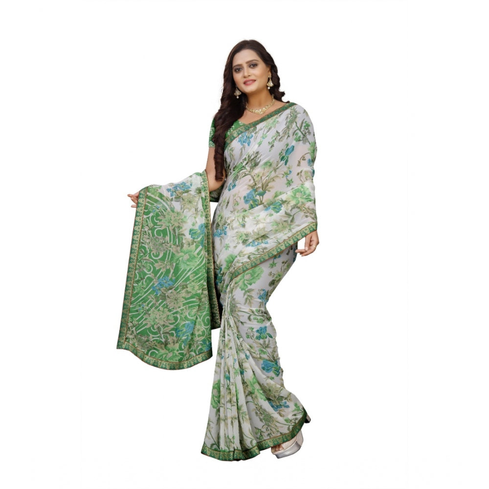 Generic Women's Georgette Floral Print Saree With Unstitched Blouse 5.5Mtr (Green)