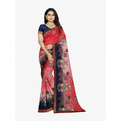 Generic Women's Georgette Floral Print Saree With Unstitched Blouse 5.5Mtr (Blue-Pink)