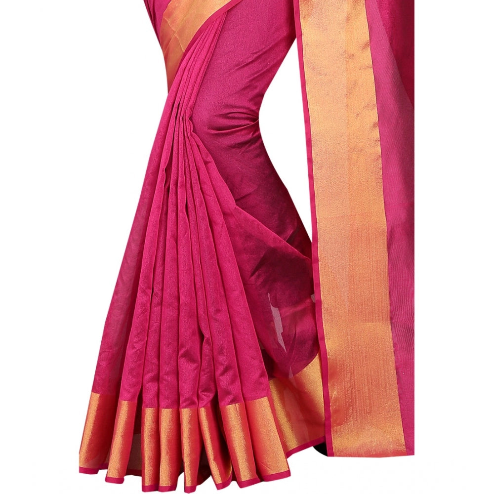 Generic Women's Cotton Silk Solid/Plain Saree With Unstitched Blouse 5.5Mtr (Pink)