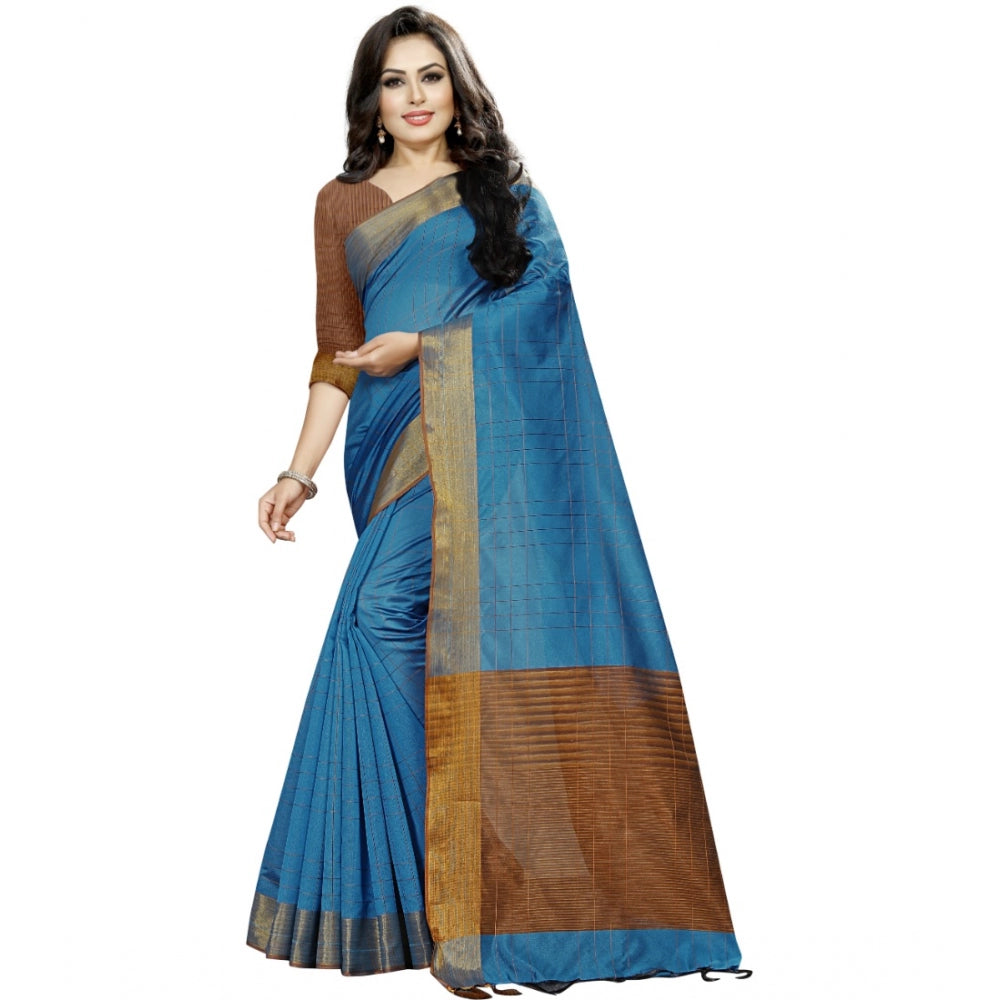 Generic Women's Cotton Silk Self Design Saree With Unstitched Blouse 5.5Mtr (Light Blue)