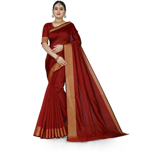 Generic Women's Cotton Silk Self Design Saree With Unstitched Blouse 5.5Mtr (Red)