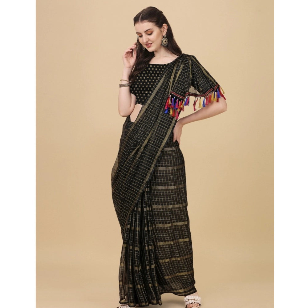 Generic Women's Silk Blend Checkered Saree With Unstitched Blouse 5.5Mtr (Black)