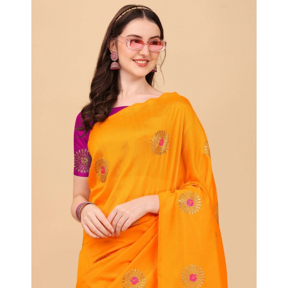 Generic Women's Silk Blend Embroidered Saree With Unstitched Blouse 5.5Mtr (Yellow)