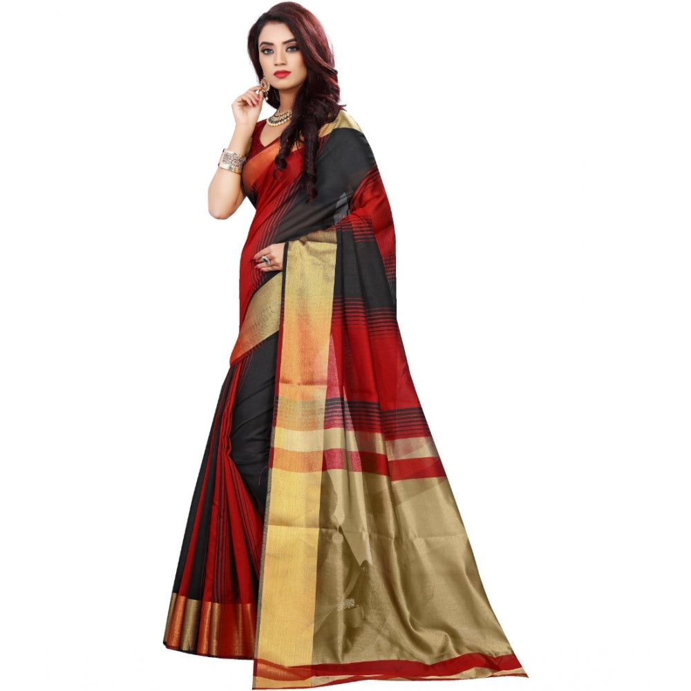 Generic Women's Jacquard Woven Saree With Unstitched Blouse 5.5Mtr (Red-Black)