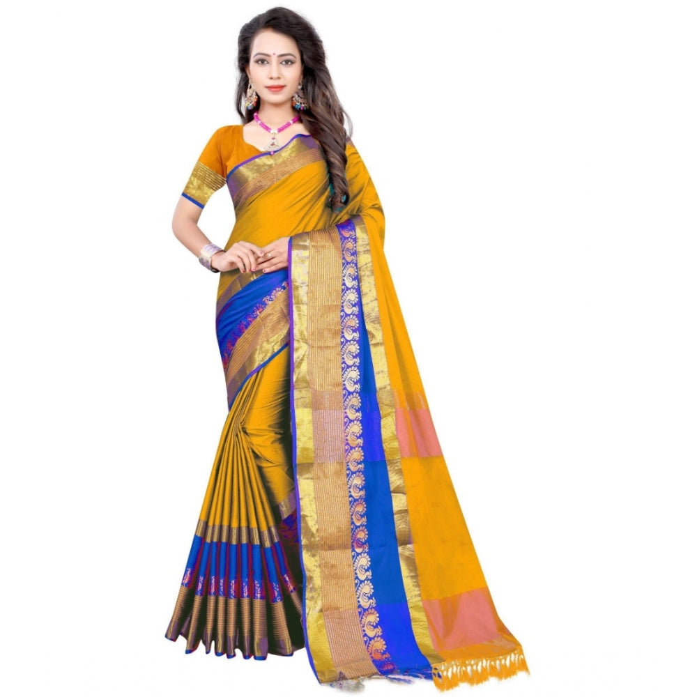 Generic Women's Jacquard Woven Saree With Unstitched Blouse 5.5Mtr (Yellow)