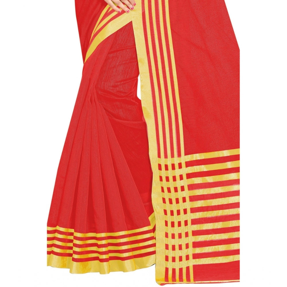 Generic Women's Jacquard Striped Saree With Unstitched Blouse 5.5Mtr (Red)