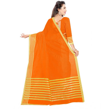 Generic Women's Jacquard Striped Saree With Unstitched Blouse 5.5Mtr (Orange)