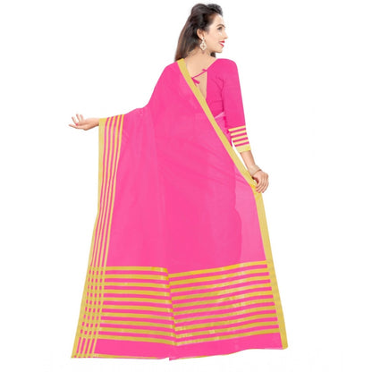 Generic Women's Jacquard Striped Saree With Unstitched Blouse 5.5Mtr (Pink)