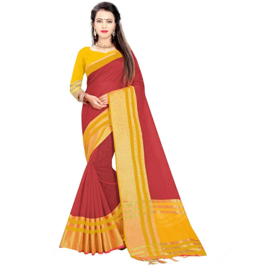 Generic Women's Jacquard Striped Saree With Unstitched Blouse 5.5Mtr (Red)