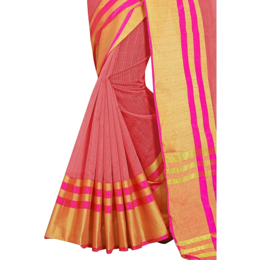 Generic Women's Jacquard Striped Saree With Unstitched Blouse 5.5Mtr (Pink)