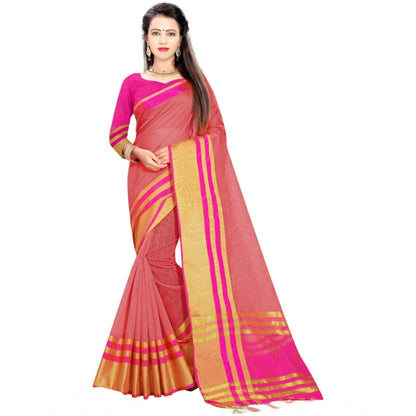 Generic Women's Jacquard Striped Saree With Unstitched Blouse 5.5Mtr (Pink)