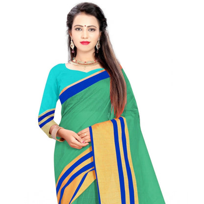 Generic Women's Jacquard Striped Saree With Unstitched Blouse 5.5Mtr (Green)