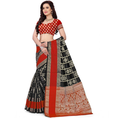 Generic Women's Jacquard Woven Saree With Unstitched Blouse 5.5Mtr (Red-Black)