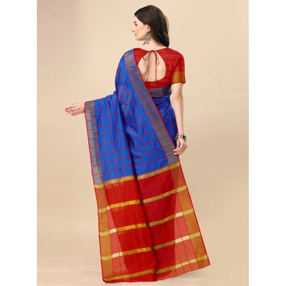 Generic Women's Cotton Silk Checkered Saree With Unstitched Blouse 5.5Mtr (Blue)