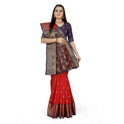 Generic Women's Jacquard Woven Saree With Unstitched Blouse 5.5Mtr (Red)