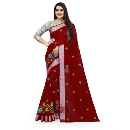 Generic Women's Cotton Silk Embroidered Saree With Unstitched Blouse 5.5Mtr (Maroon)