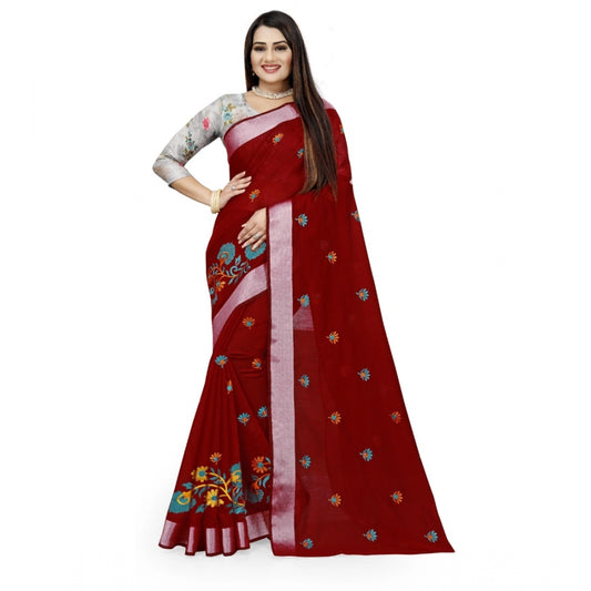 Generic Women's Cotton Silk Embroidered Saree With Unstitched Blouse 5.5Mtr (Maroon)