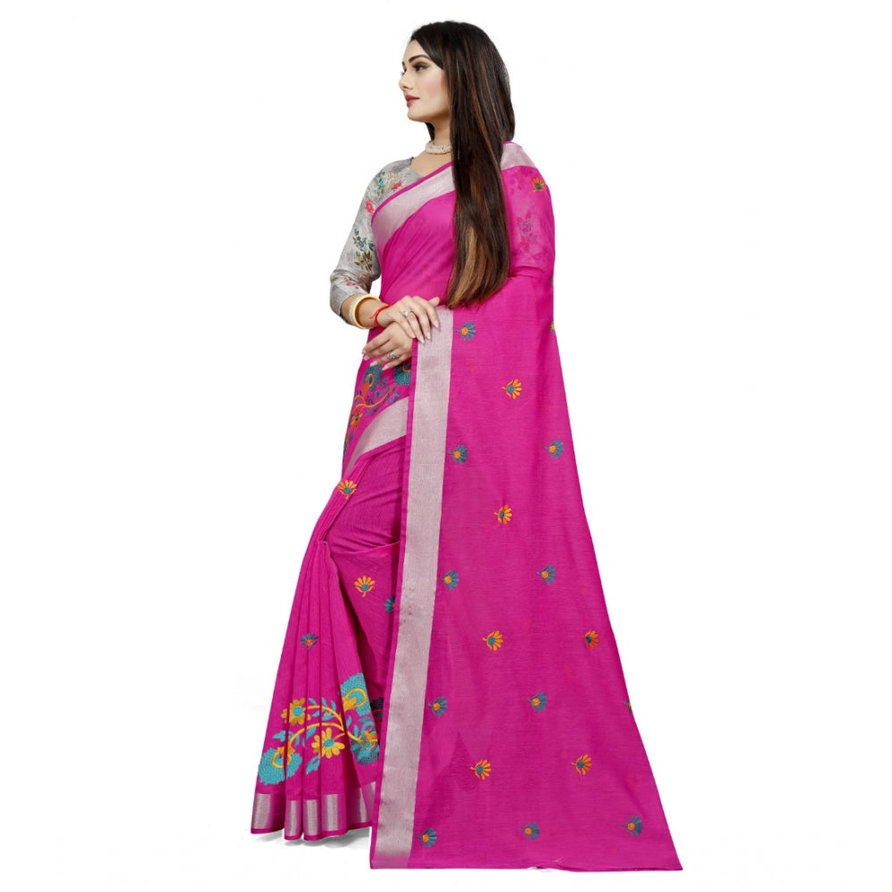 Generic Women's Cotton Silk Embroidered Saree With Unstitched Blouse 5.5Mtr (Pink)