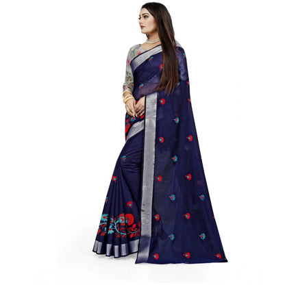 Generic Women's Cotton Silk Embroidered Saree With Unstitched Blouse 5.5Mtr (Dark Blue)