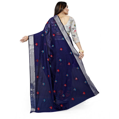 Generic Women's Cotton Silk Embroidered Saree With Unstitched Blouse 5.5Mtr (Dark Blue)