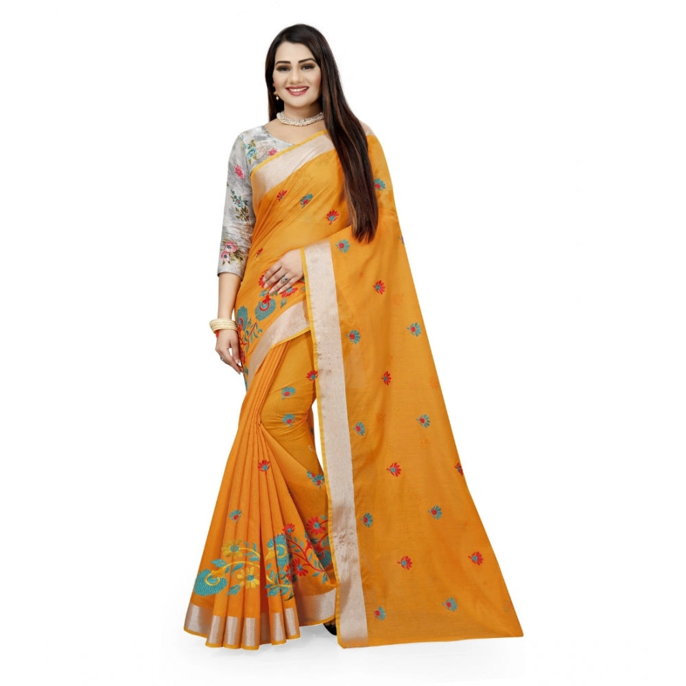 Generic Women's Cotton Silk Embroidered Saree With Unstitched Blouse 5.5Mtr (Yellow)