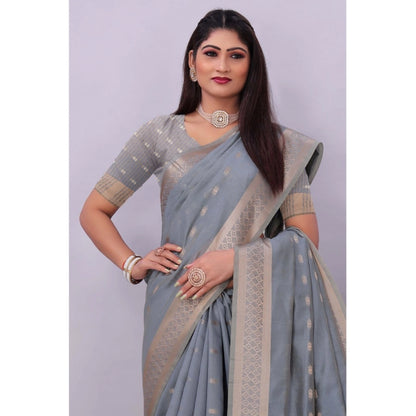 Generic Women's Silk Blend Woven Saree With Unstitched Blouse 5.5Mtr (Grey)