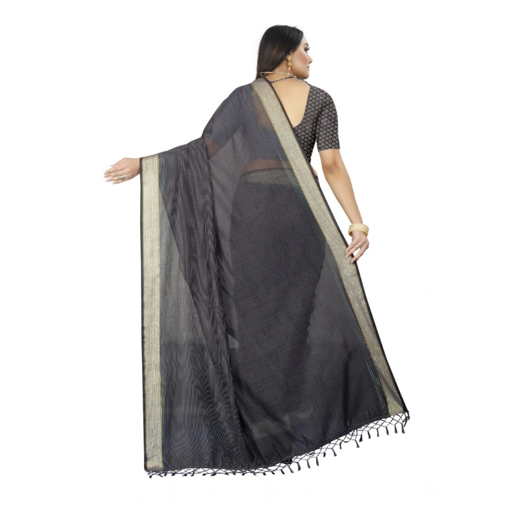 Generic Women's Cotton Blend Solid/Plain Saree With Unstitched Blouse 5.5Mtr (Grey)