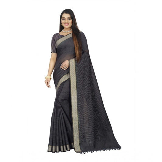 Generic Women's Cotton Blend Solid/Plain Saree With Unstitched Blouse 5.5Mtr (Grey)