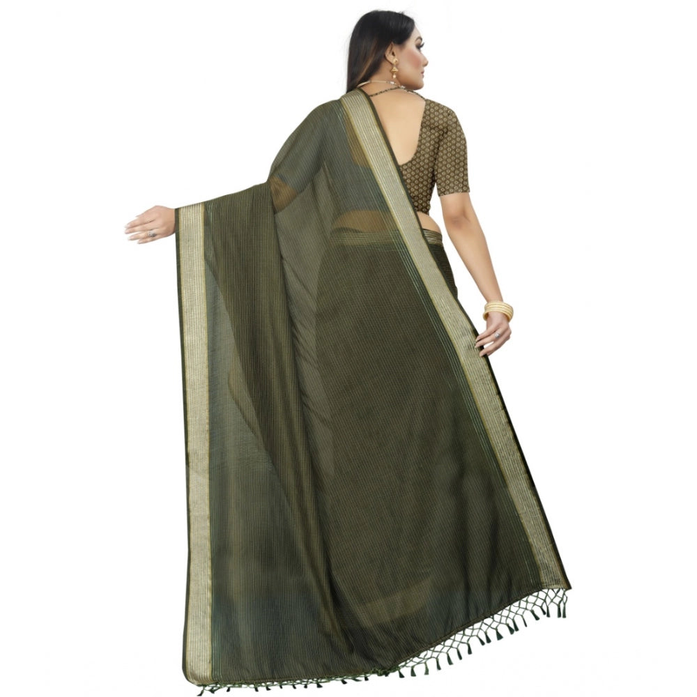 Generic Women's Cotton Blend Solid/Plain Saree With Unstitched Blouse 5.5Mtr (Green)