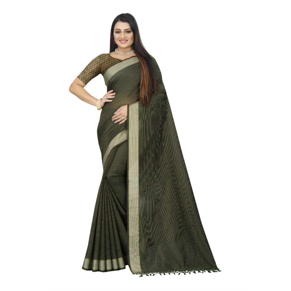 Generic Women's Cotton Blend Solid/Plain Saree With Unstitched Blouse 5.5Mtr (Green)