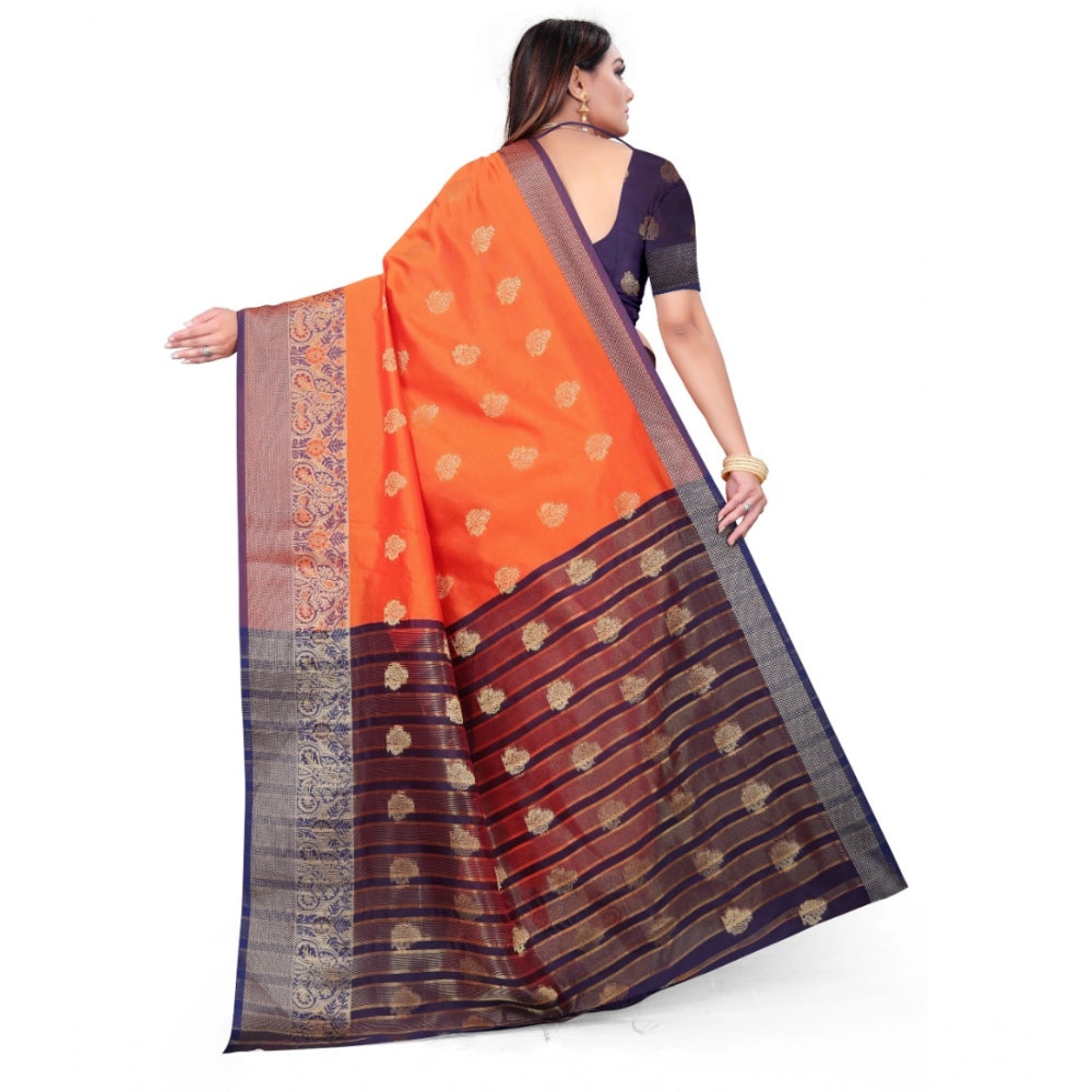 Generic Women's Silk Blend Woven Saree With Unstitched Blouse 5.5Mtr (Orange)