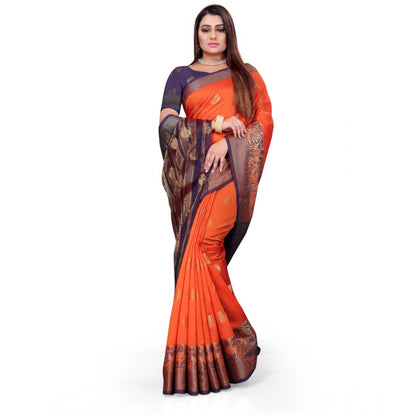 Generic Women's Silk Blend Woven Saree With Unstitched Blouse 5.5Mtr (Orange)