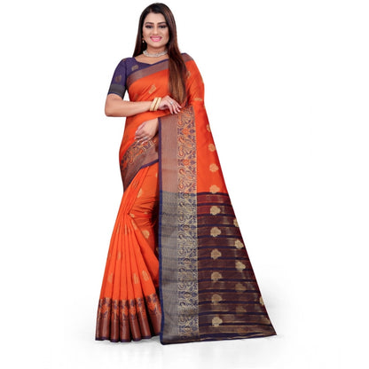 Generic Women's Silk Blend Woven Saree With Unstitched Blouse 5.5Mtr (Orange)