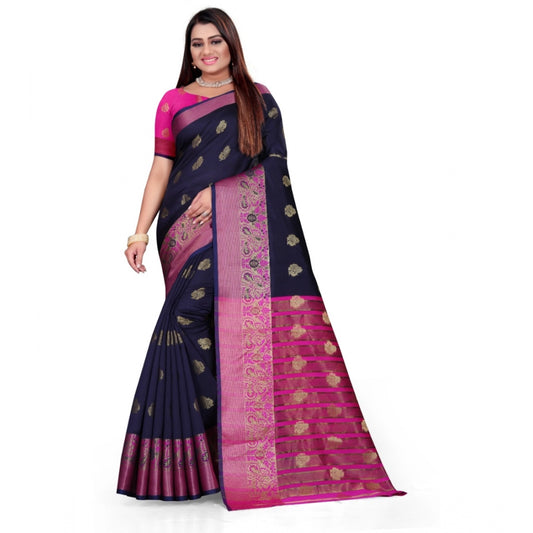 Generic Women's Silk Blend Woven Saree With Unstitched Blouse 5.5Mtr (Dark Blue)