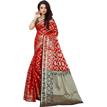 Generic Women's Jacquard Woven Saree With Unstitched Blouse 5.5Mtr (Red)