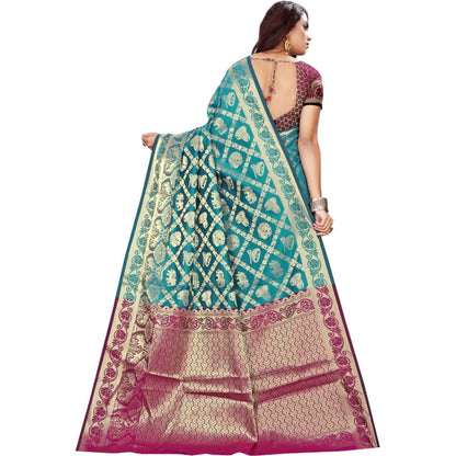 Generic Women's Jacquard Woven Saree With Unstitched Blouse 5.5Mtr (Light Blue)