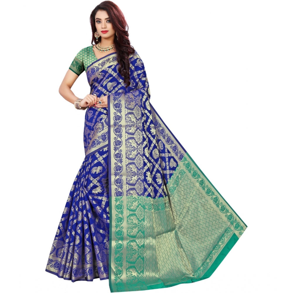 Generic Women's Jacquard Woven Saree With Unstitched Blouse 5.5Mtr (Blue)