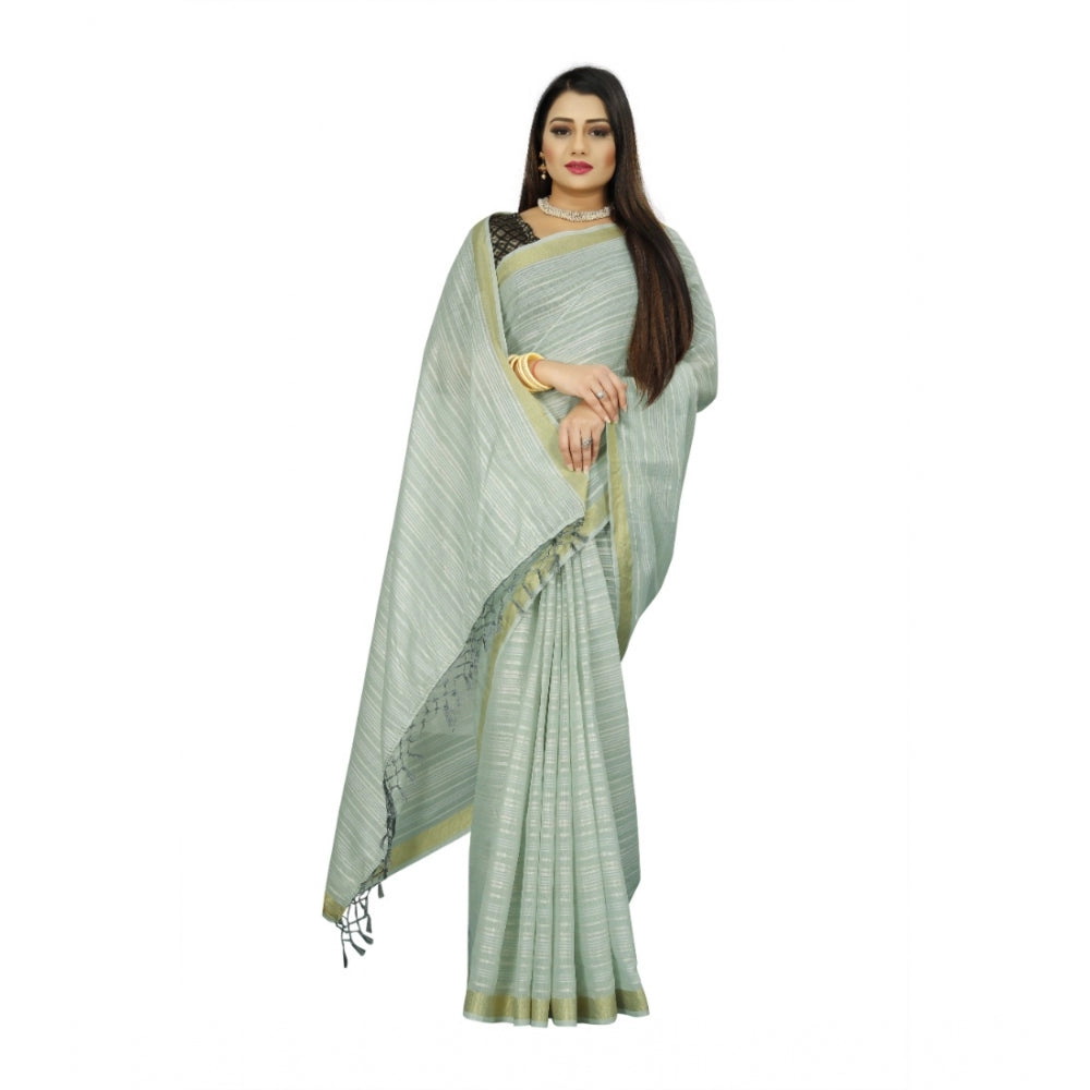 Generic Women's Cotton Blend Solid/Plain Saree With Unstitched Blouse 5.5Mtr (Light Green)