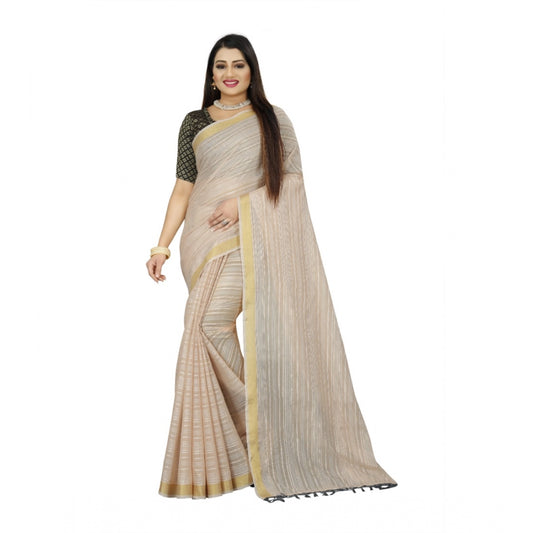 Generic Women's Cotton Blend Solid/Plain Saree With Unstitched Blouse 5.5Mtr (Beige)