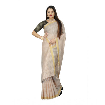 Generic Women's Cotton Blend Solid/Plain Saree With Unstitched Blouse 5.5Mtr (Beige)